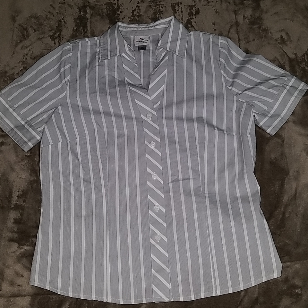 Gray and white stripped button up blouse